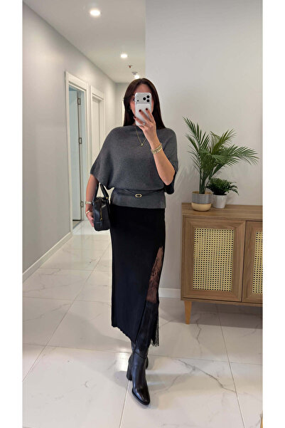 BİRCANÇİL Opera Siyah Dantel Detaylı Triko Etek