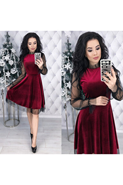 Fashionhaine.ro Rochie Elegantă din Catifea cu Mâneci Transparente din Tulle