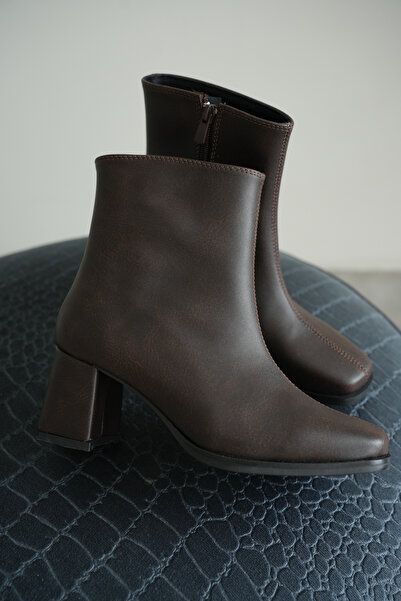 remss Zippered Blunt Toe Skin Brown Brown Women's Boots (Non-Slip Sole 9 cm)