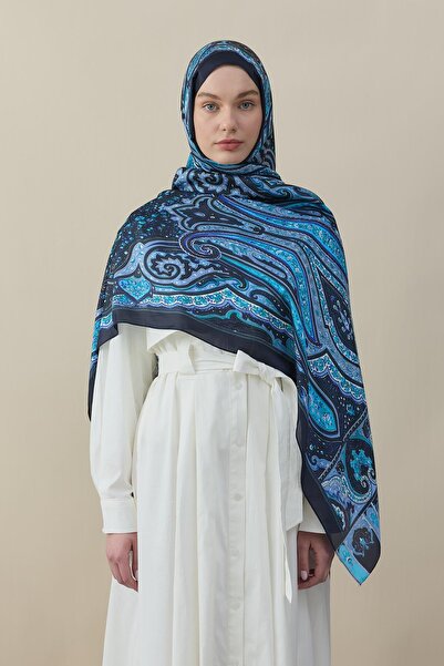 diorel Etro Desen İpek Vual Şal Saks Mavisi