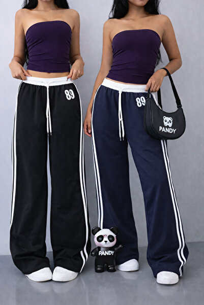 pandy 2'li 89 Baskılı Beyaz Kemerli Çift Şeritli Yüksek Bel Kadın Bol Paça Eş...