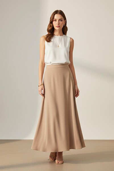 Puane Women's High Waist Long A-Line Fabric Skirt -18291Etk - Beige
