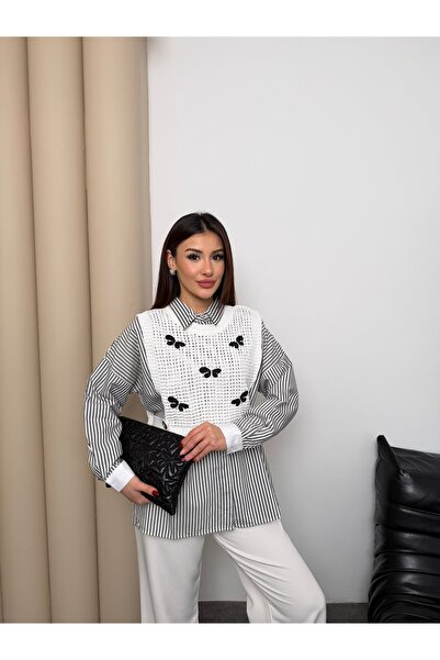 Hatun Atila Striped Shirt and Butterfly Embroidered Sweater Two-Piece Set 024...