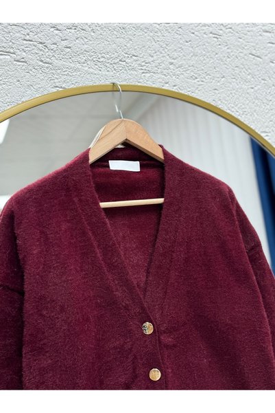 MİHRA STORE Cardigan din pluș cu pene cu nasturi aurii Feronia-Zİ5250 Roșu Claret