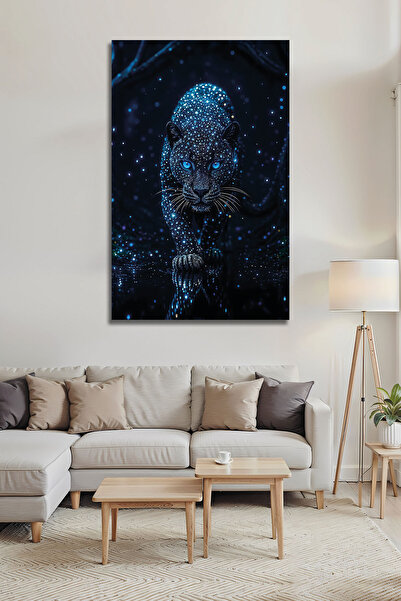 B&G DESIGN Siyah Panter Cam Tablo Mavi Işıltılı Leopar Modern Dekoratif Lüks ...