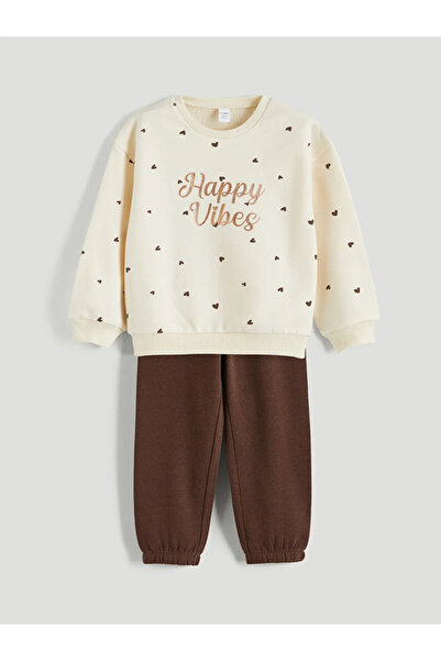 LC Waikiki LCW Παιδικό καφέ φούτερ με λαιμόκοψη και χοντρό φούτερ για κορίτσια