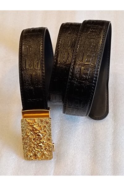 Butik Tülin Unisex Authentic Faux Leather Black Crocodile Print Gold Metal Em...