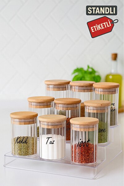 Evalins Elina 9’lu Etiketli Akrilik Baharatlık Takımı – 450 ml Kapasite, 3 Ka...