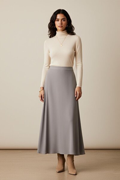 Puane Women's High Waist Long A-Line Fabric Skirt -18291Etk - Gray