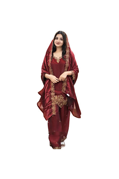 MYSMAR Mysma Red Silk Top Bottom & Dupatta - HRT1731 | Red