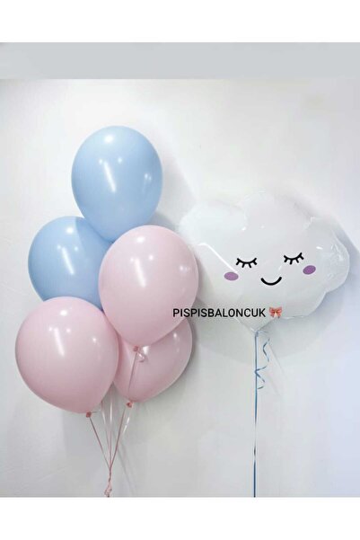PISPISBALONCUK pembe mavi ve bulut figürlü Minimal balon set cinsiyet partisi...
