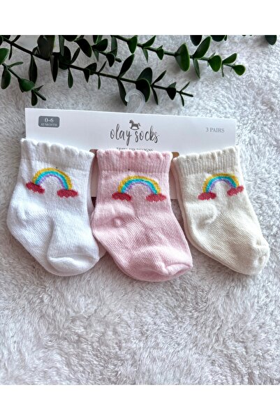 BEREN Olay Socks 3'lü Paket Kız Bebek Gökkuşağı Nakışlı Fırfırlı Pamuklu Soke...