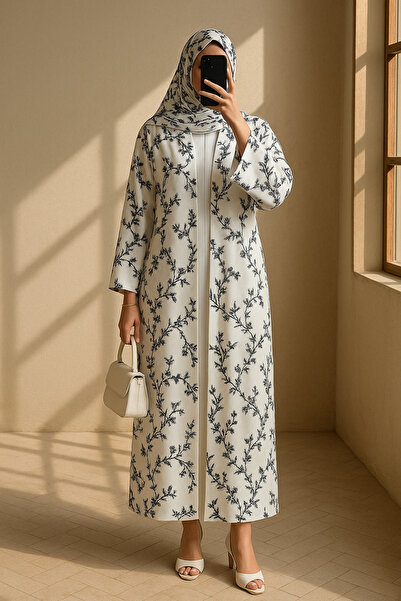 MayaCloset Elegant Feminine Colour Printed White Abaya & Kimono With Sheila