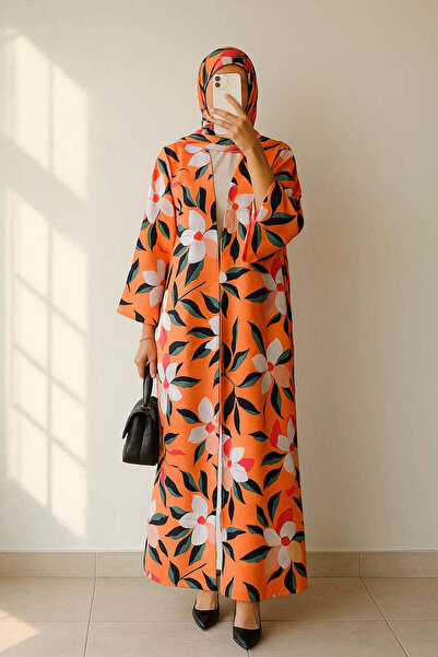 MayaCloset Floral Print Orange Abaya & Kimono With Inner & Sheila