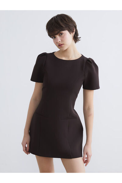 LC Waikiki Kahverengi Bisiklet Yaka Karpuz Kol Mini Elbise