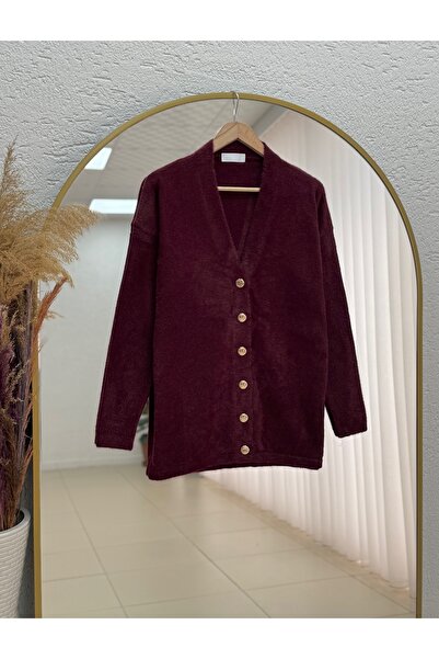 MİHRA STORE Gianora Metal Buttoned Bearded Cardigan-Zi̇5252 Burgundy