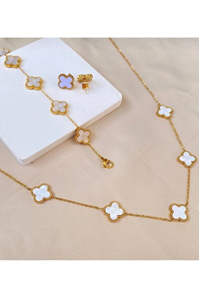 Şöhret takı&aksesuar GOLD beyaz 3’lü yonca seti kolye bileklik küpe paslanmaz...