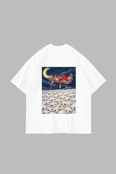 Bak Moda One Lamb Two Lamb B Printed O Oversized Unisex White Tshirt