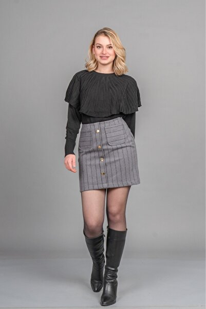 MissVina Chic Ornamental Button Detailed Cashmere Striped Mini Skirt 6824
