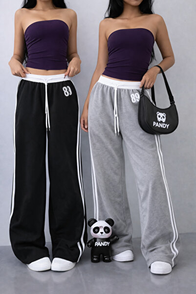 pandy 2'li 89 Baskılı Beyaz Kemerli Çift Şeritli Yüksek Bel Kadın Bol Paça Eş...