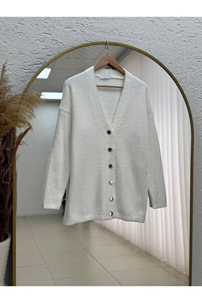 MİHRA STORE Gianora Metal Buttoned Bearded Cardigan-Zi̇5252 White
