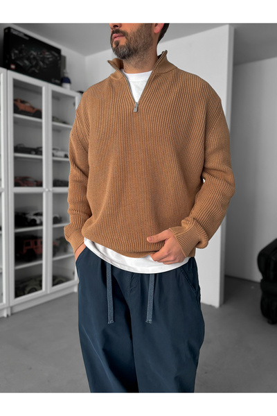 BYBASICMAN Açık Kahve Yarım Fermuarlı Triko Sweatshirt JJ-169