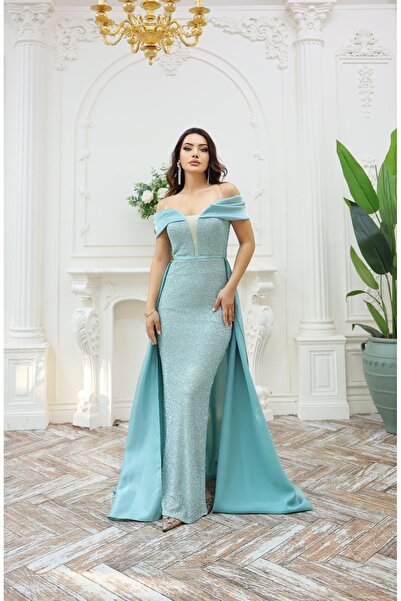 DADO BELLA Mint Yeşili Kayık Yaka Pul Payetli Saten Pelerin Detaylı Uzun Abiye