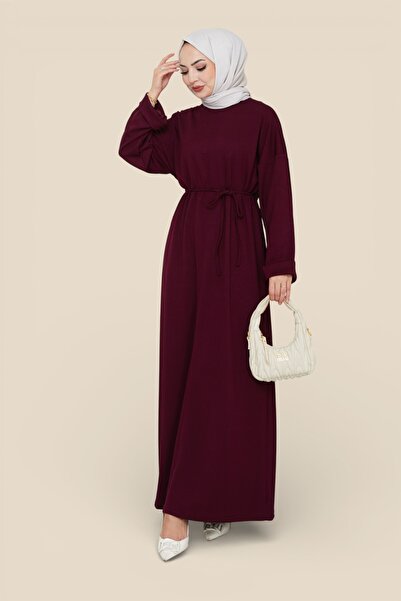 Eliva Women's Modal Fabric Front Stitched Belted Tie Hijab Dress