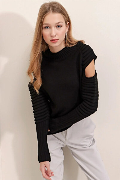 AQE FASHION Women's Knitwear Sweater Black Cut-Out Shoulder Detail Long Sleev...