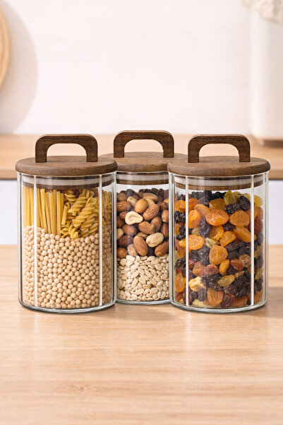 welcomein 3’lü Cam Kavanoz Seti 950 ml – Ahşap Kapaklı, Hava Geçirmez, Gıda S...