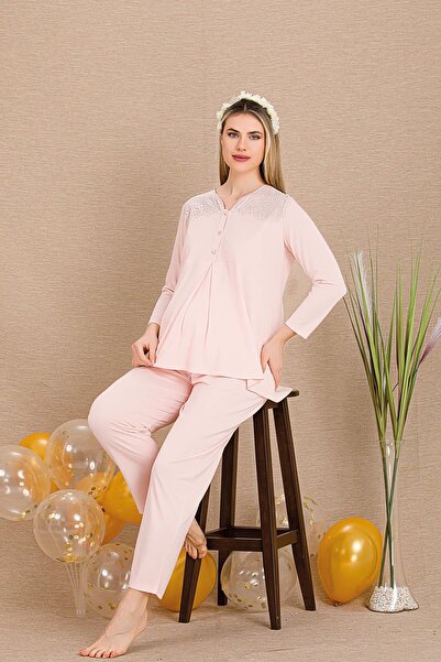 REN Women's 2-Piece Long Sleeve Maternity Pajama Set, Nursing Buttoned, Lace ...