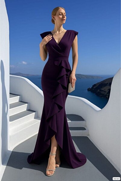 BY BASAK collection Women's Diver Fabric V-Neck Ruffle Detailed Maxi Length D...