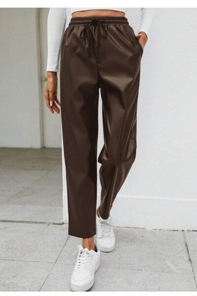 Genel Markalar Kadın Yüksel Bel Bağcıklı Deri Pantolon