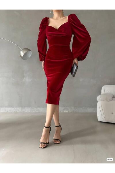 Modafeminen Κόκκινο φόρεμα Princess με λεπτομέρεια με σχισμή στο μανίκι και λ...