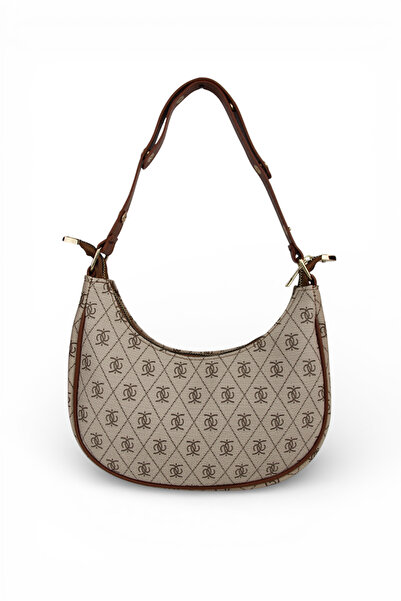REVENKO Monogram Patterned Tan Women's Baguette Shoulder Bag