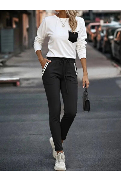 nedo7 Women's Long Sleeve Crew Neck Pocketed Viscose Two Thread Blouse and Pa...