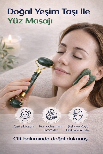 MİMOZA PARK 2'li Set %100 Doğal Yeşim Taşı - Kalp Gua Sha - Yüz Masaj Aleti