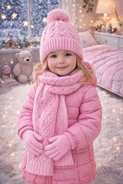 Monkabox 4-8 yaş kız incili içi polar atkı bere eldiven seti