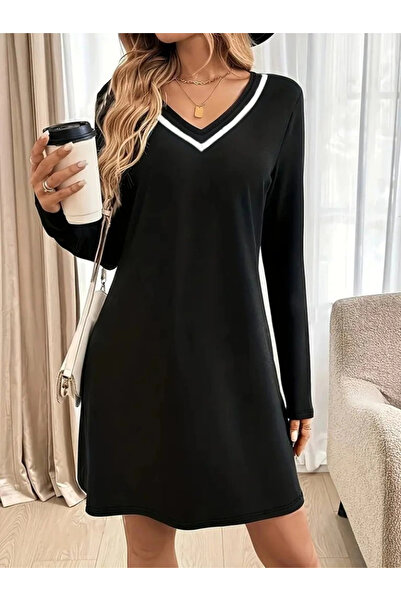 nedo7 Women's Long Sleeve V-Stripe Collar Short Viscose Two Thread Dress