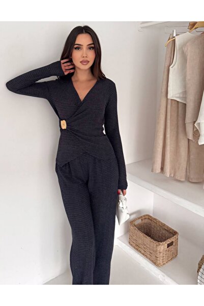 Noa&Noa Double-Breasted Collar Buckle Detailed Blouse Trousers Set