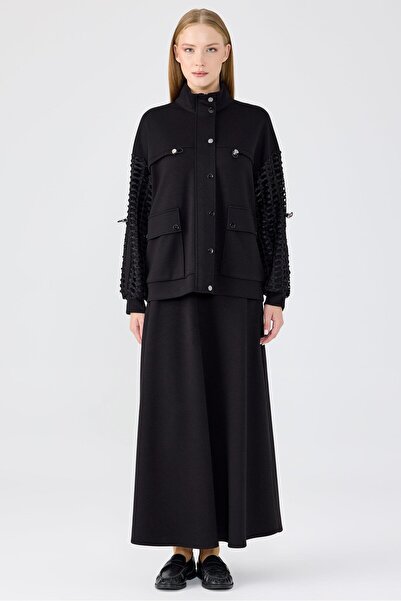Tığ Triko Detailed mesh jacket skirt set black