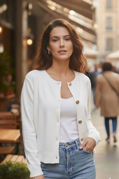 Tarz Cool White Soft Textured Buttoned Jacket-Looking Knitwear Cardigan