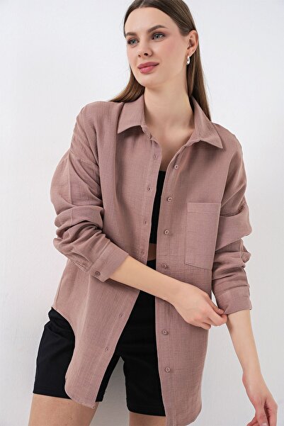 Hiccup Bdart Pocket Detailed Oversized Button Linen Blend Shirt