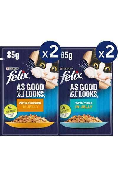 Felix بورينا طعام القطط "جيد كما يبدو" في الجيلي (2 دجاج 85 جم + 2 تونة 85 جم)
