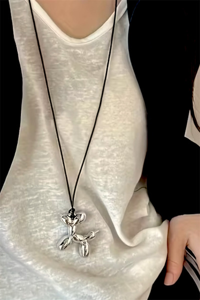 Pinty Design Silver Color Balloon Dog Design Long Leather Strap Necklace