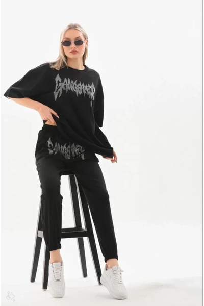 nedo7 Unisex Stoned T-Shirt and Sweatpants Set - Black