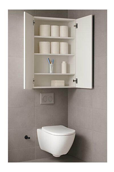 Projemob Beyaz Duvar Tipi Çok Raflı Banyo Dolabı – Kapaklı Depolama Ünitesi Ç...