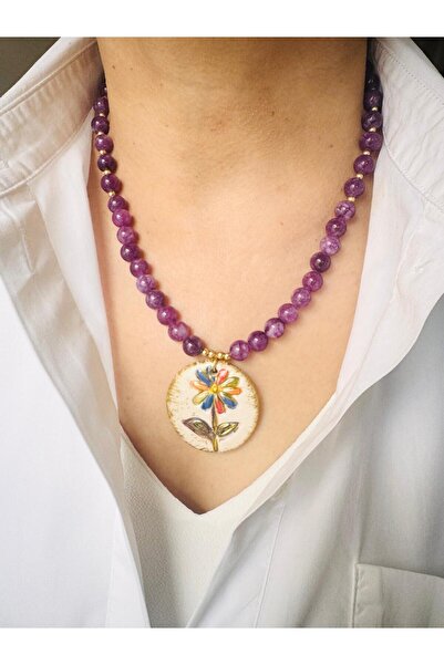 DEVİ fashion Natural Stone Design Necklace with Ceramic Flower End 48 cm