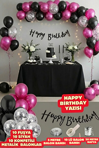 Baloncu Nene Black Happy Birthday Lettering 10 Black 10 Fuchsia 10 Confetti B...