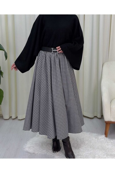 Modamorfo Plaid Patterned 360 Degree Skirt with Elastic Waist - Gray